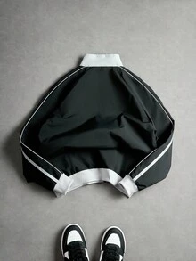 Manfinity EMRG 男士休闲拉链撞色立领户外风衣夹克，秋季，垃圾摇滚 - 黑色 - 查看 2
