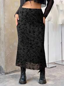 SHEIN EZwear Plus Size Women Black Floral Print Mesh Fish Tail Hem Skirt