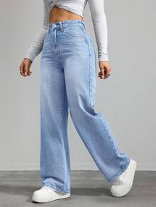 SHEIN ICON Women's Pocket Loose Wide Leg Casual Versatile Denim Pants - Light Wash - View 3