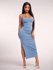 Radiana 女式方领褶皱侧开衩无袖修身牛仔连衣裙 - 淺色水洗藍 - 查看 1