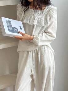 DAZY Delicate Textured Lace Ruffle Trim Women Pajama Set, Fall Clothes - White - View 7