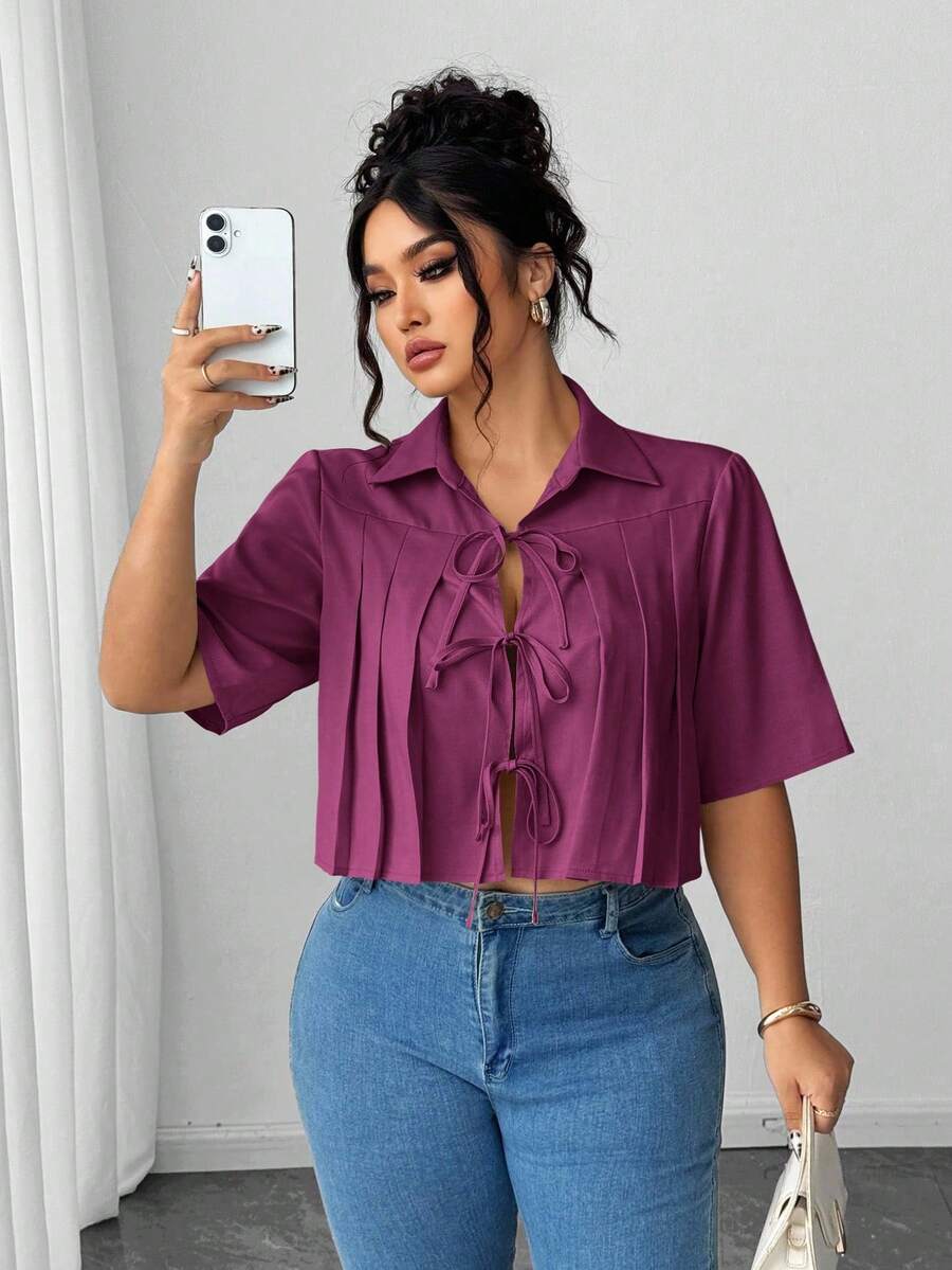 Elenzga Blusa elegante corta con pliegues y lazo delantero para mujer - Morado - Ver 1