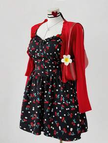 Sunspun 加大码 Sweetro-D 两件套可爱服装套装，可爱浪漫校园风格度假时尚樱桃印花 V 领褶皱 A 字连衣裙，搭配时尚荷叶边领长袖夹克，适合日常外出、返校季、居家约会度假