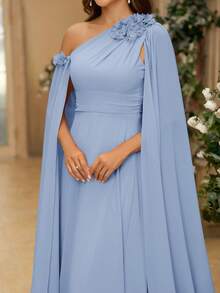 SHEIN Belle 优雅花卉 3D 飘逸袖子不对称肩部雪纺伴娘礼服，女士正式晚礼服（缀饰） - 淺藍色 - 查看 4