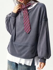Bohemela Casual Solid Color Knit Round Neck Lantern Sleeve Loose Washed Relaxed Fit Women Sweatshirt In Fall/Winter - Grey - View 4