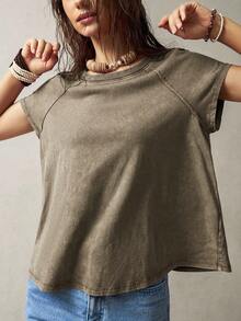 Bohemela Vintage Distressed Patchwork Short Sleeve T-Shirt,Brown Top