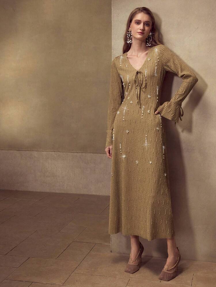 FAUX PEARL & RHINESTONE DECOR KNOT DRESS