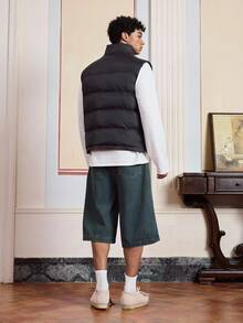 SWAVVY Men's Zip Front Casual Chest Letter Print Puffer Vest, Winter, Fall - Black - View 2