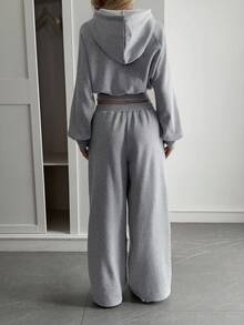 Livesso Women's Casual Hooded Top And Wide-Leg Pants 2 Pieces Set, Autumn Tracksuits Women Set - Grey - View 2