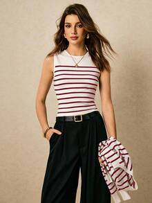 Poéselle 女士条纹印花圆领吊带背心和纽扣前长袖开衫套装秋冬 - 酒紅色 - 查看 3