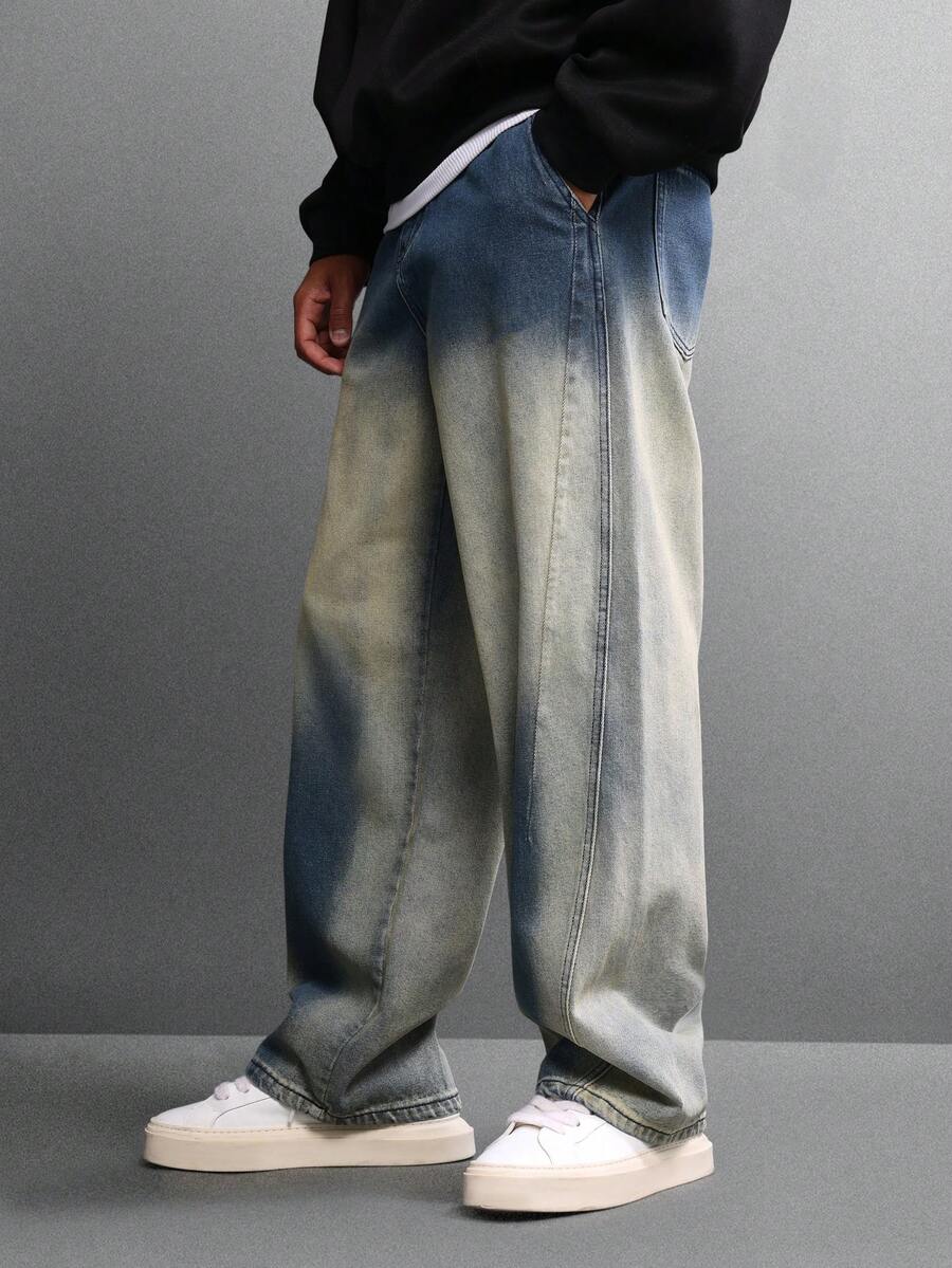 SUMWON Blugi cu picior larg, croială largă, efect vintage decolorat, spălat uzat, croială lejeră, streetwear, pantaloni din denim, toamnă-iarnă, modă casual, ținute zilnice - Albastru - Vizualizare 1