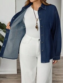 SHEIN CURVE+ 女士加大码深牛仔蓝收腰长袖牛仔衬衫，适合所有场合，万圣节服装，乡村风格，时尚秋季 - 深色水洗藍 - 查看 4