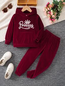 SHEIN Elladie kids Bộ 2 món đồ thể thao thoải mái tay dài có mũ trùm đầu cho bé gái, mùa thu - Màu Đỏ Sâu - Xem 1