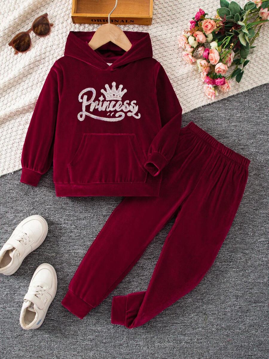 SHEIN Elladie kids Bộ 2 món đồ thể thao thoải mái tay dài có mũ trùm đầu cho bé gái, mùa thu - Màu Đỏ Sâu - Xem 1