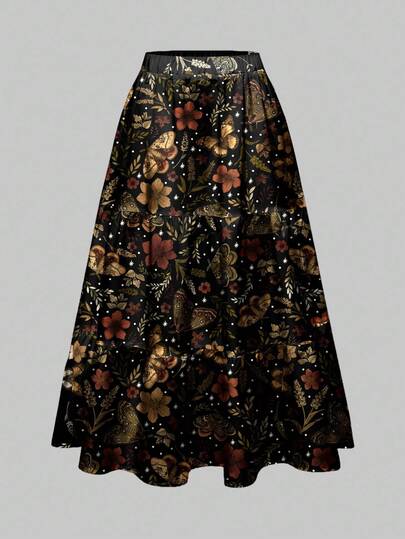 Fairycore Autumn/Winter Nature-Inspired Vacation Hippie Plant, Leaf, Maple Leaf, Mushroom All-Over Print Women's A-Line Skirt