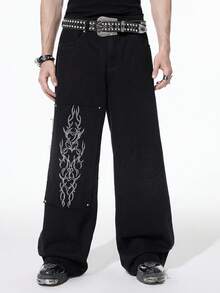 ROMWE MEN Goth Men's Fashion Dark Embroidery Loose Fit Jeans - Black - View 4