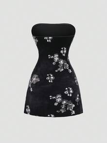 Sweetra Women's New Spring/Summer Velvet Sequin Crystal Adjustable Strap Waist Fit & Flare Mini Party Dress, Suitable For Halloween - Black - View 2