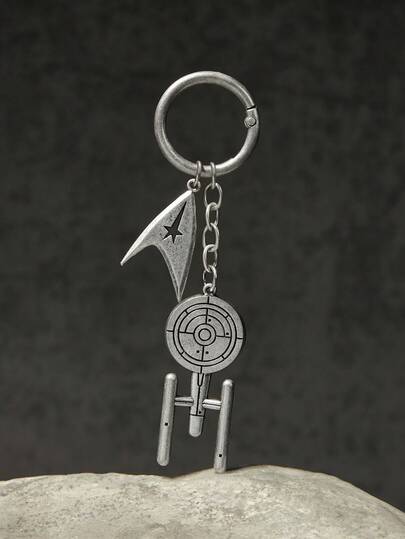 STAR TREK X SHEIN Fashionable Zinc Alloy 3D Spaceship Keychain, Bag Charm, Vintage Silver Color, Collectible Gift