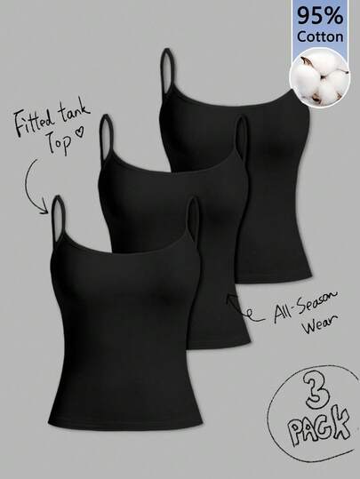 Tseoso 3pcs/Set Casual Slim-Fit Women's Camisole Tops, 95% Cotton, Suitable For Summer, Vintage, Cute Summer Tops, Softgirl, Summer Outing Items, Home, Back To School, Fall Women Clothes, Versatile, 3 Packs Tank Tops Cotton Tank Top Fitted Tank Top Black Cami Black Tank Top