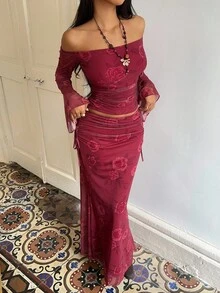 Sunnyshic Rose Pink Rose Print Sexy Sweet Vacation Style Off Shoulder Asymmetrical Sleeve Design Waist Ruched Women 2 Pieces Set - Hot Pink - View 6