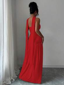 Elenzga Red Summer Elegant Party Fashionable Glossy Fabric Strapless Long Flowy Ruched Waist Slit Hem Dress For Weddings,Graduation Parties,Dates,Vacations - Red - View 2