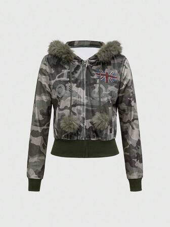 Grunge Punk Sudadera con capucha ajustada con parches de camuflaje vintage Y2K, adornada con pedrería y piel sintética para mujeres