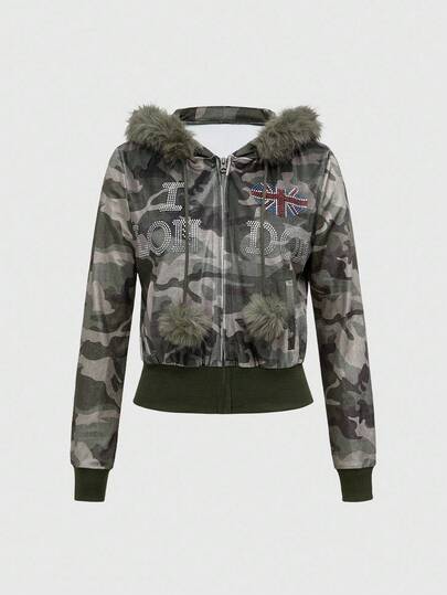 Grunge Punk Sweat-shirt à capuche ajusté orné de strass, patchwork de camouflage vintage Y2K en fausse fourrure pour femmes