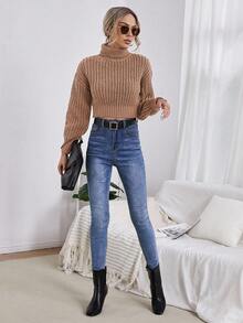 EURMUSE Turtleneck Drop Shoulder Crop Sweater - Dusty Pink - View 5