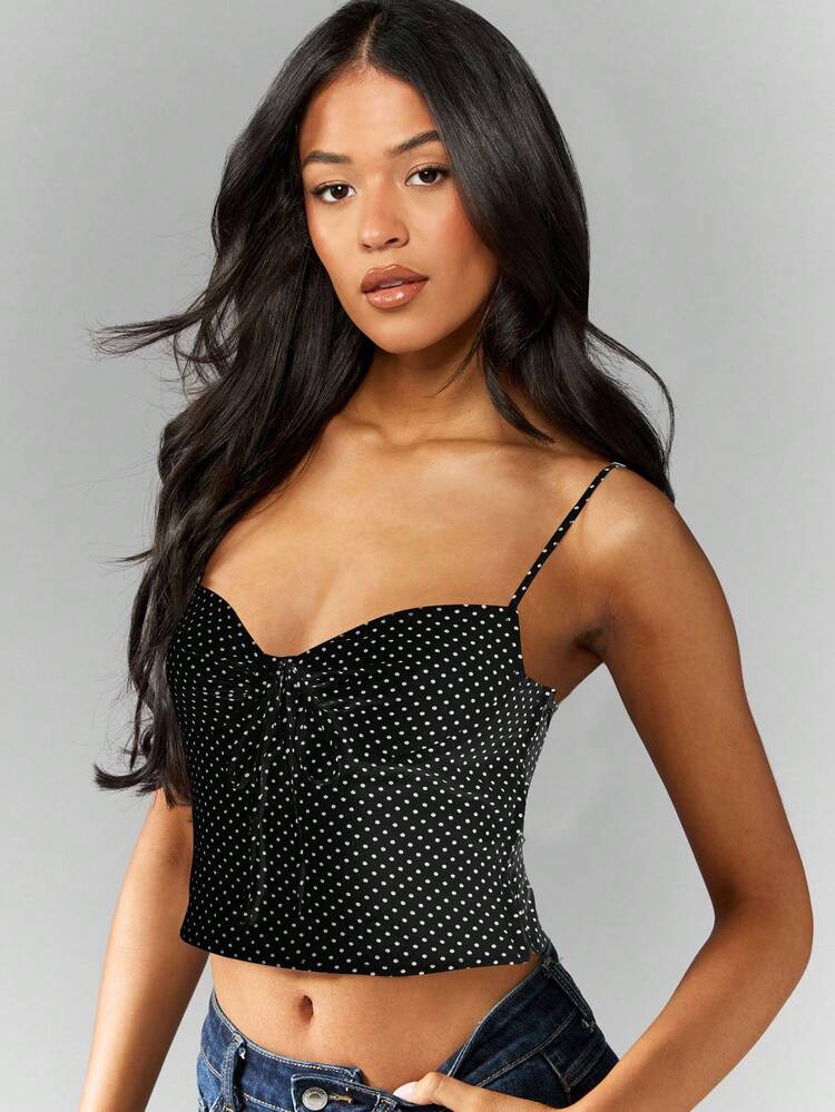 MISSGUIDED Polka Dot Cami Top Ruched Sweetheart Neck Spaghetti Strap Bustier Crop Tank Summer Festival Beach Vacation Party Essential