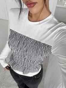 SHEIN EZwear 休闲格纹拼布二合一T恤，春秋季 - 彩色 - 查看 7