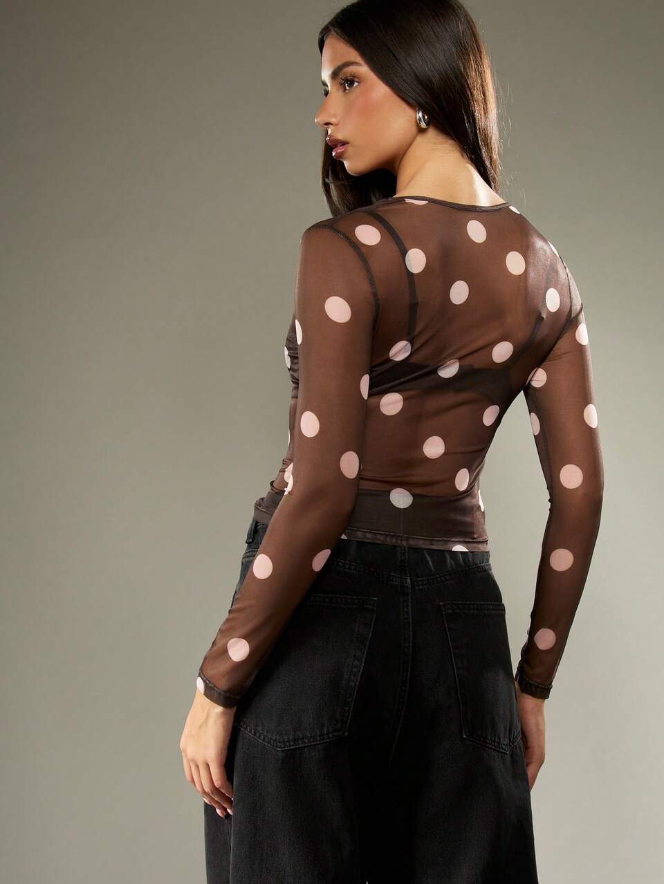 MISSGUIDED Brown Polka Dot Mesh Top With Long Sleeves