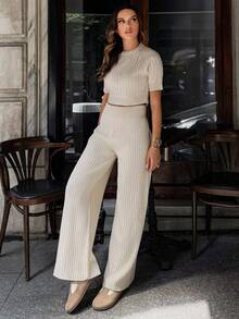 EURMUSE Soft Ribbed Knit Two Pieces Set With Short-Sleeve Sweater And Relaxed Fit Pants In Creamy Beige Tone - Cream - View 5