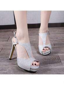 Sandalias de Tacón Fino con Plataforma, Peep Toe y Efecto Glitter, Diseño en T con Hebilla, Ideal para Fiestas y Eventos Especiales - Plateado - Ver 3