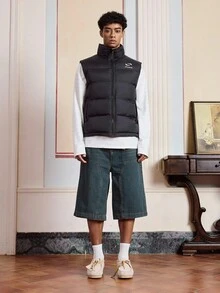 SWAVVY Men's Zip Front Casual Chest Letter Print Puffer Vest, Winter, Fall - Black - View 5