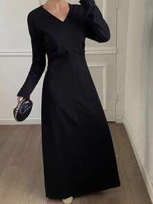DAZY Vestido elegante de manga larga con cuello en V ajustado y cintura ceñida de unicolor para mujeres, otoño/invierno - Negro - Ver 5
