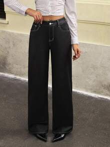 Jeanoix 女士时尚休闲街头十字绣Y2K PU裤 - 黑色 - 查看 4