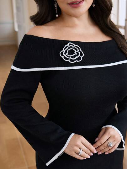 Modelyn Plus Size Off Shoulder Knit Dress With Plus Size A-Line Floral Decor, Women Autumn/Winter Sweater Dress