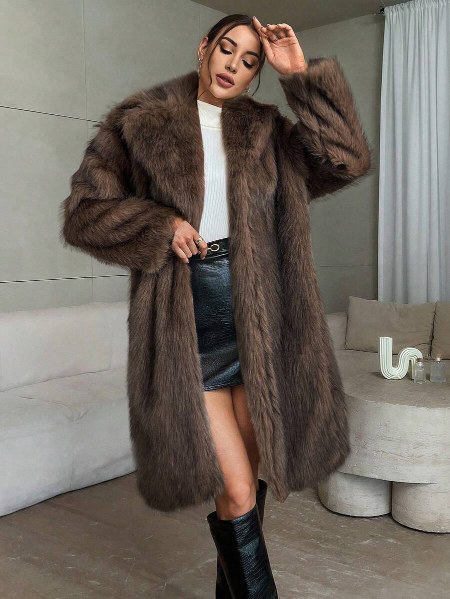 Firerie 女式优雅长款仿皮草大衣秋冬女装 - 咖啡棕 - 查看 1