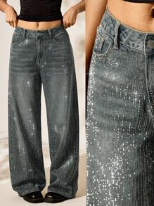 Easelle 时尚水洗水钻装饰阔腿牛仔裤 - 藍色 - 查看 1