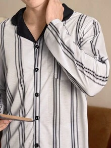 EverLounge Men's Striped Collar Long Sleeve Top & Pants Pajama Set Pajama Set Sleep Set Striped Pajama Set Men Sleepwear Men Silk Pajama Set, Winter Clothes - Apricot - View 4