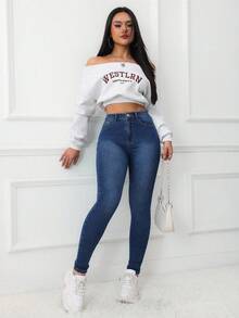SHEIN ICON 女士休闲高腰紧身牛仔裤，适合通勤和日常穿着 - 深色水洗藍 - 查看 3