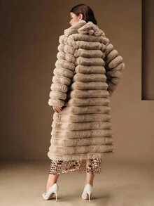 Anewsta 新款秋冬人造毛皮长款大衣，时尚女式人造兔毛夹克 - 米色 - 查看 2