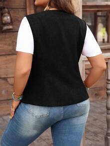 EMERY ROSE Áo khoác nhung kẻ trơn đơn giản, mặc thường ngày cỡ lớn dành cho nữ, mùa thu - màu đen - Xem 2