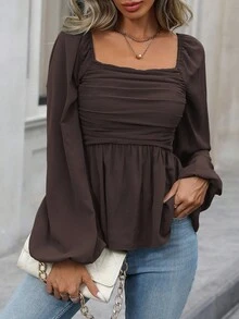 EMERY ROSE Women's Solid Color Square Neck Lantern Sleeve Ruffle Hem Fashionable Blouse - Chocolate Brown - View 5