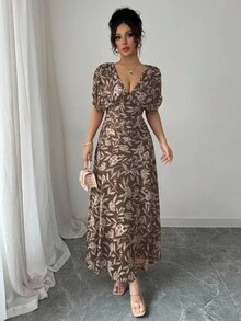 Elenzga Váy maxi chữ A dáng dài cổ chữ V buông vai thanh lịch kiểu Pháp dành cho nữ, thích hợp đi biển, tiệc trà chiều, tiệc tùng - Màu nâu Sô-cô-la - Xem 4