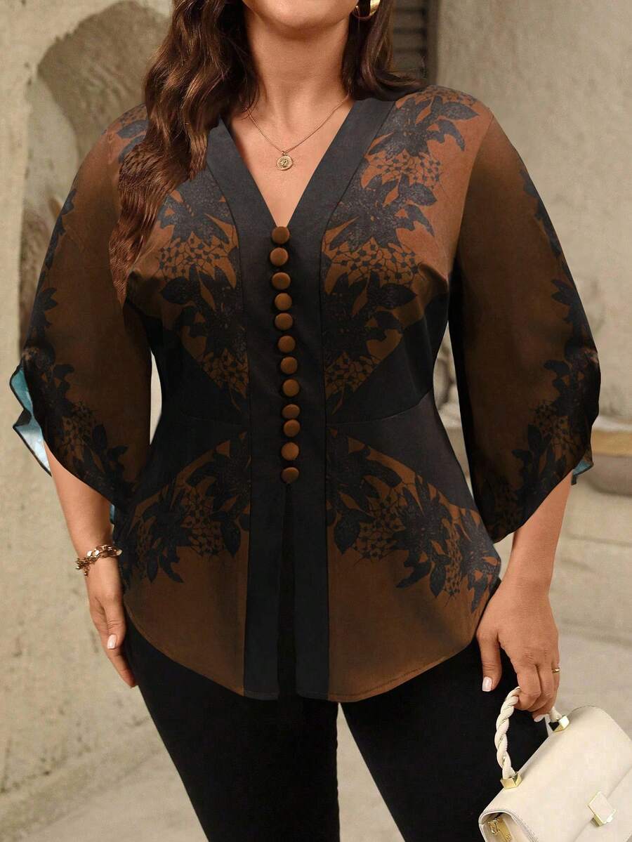 SHEIN Tall Áo kiểu nữ cổ chữ V cài nút trang trí ôm eo họa tiết tay 3/4 không đối xứng thanh lịch - màu nâu - Xem 1