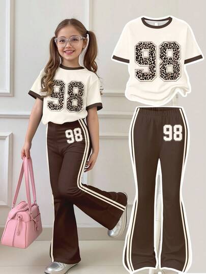 SHEIN Vintage Street Sports Collegiate Cream Brown Leopard Print 98 Graphic, Tween Girl Casual Loose Round Neck Short Sleeve T-Shirt And Flare Pants 2 Pieces Set, Suitable For Summer, Summer Outfits , Easy Comfort, Autumn Layers For Kids, Stylish Kids, Casual Wear, Girls Graphic Clothes, Back To School, Fall Clothes, Homecoming
