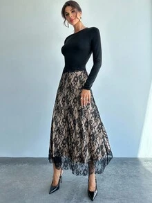 Firerie Women's Elegant Black Floral Lace Patchwork Long Sleeve A-Line Dress For Autumn Dining,Refined Fashion Party Christmas New Year - Black - View 1