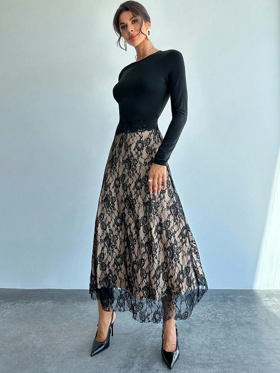 Firerie Women's Elegant Black Floral Lace Patchwork Long Sleeve A-Line Dress For Autumn Dining,Refined Fashion Party Christmas New Year - Black - View 1