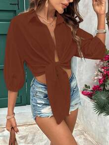 EMERY ROSE Tie-Front Textured Woven Shirt, Spring/Summer - Coffee Brown - View 4